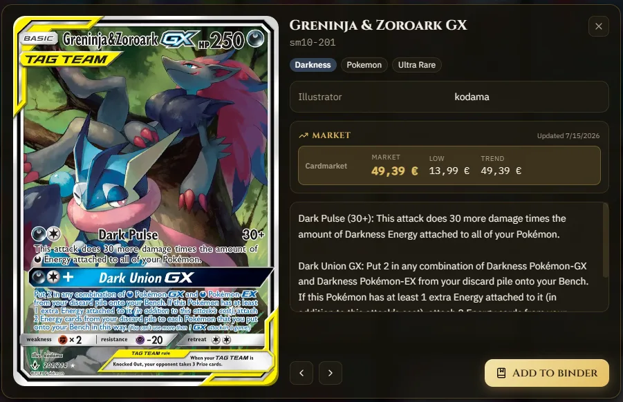 A card's market price and details panel inside the binder